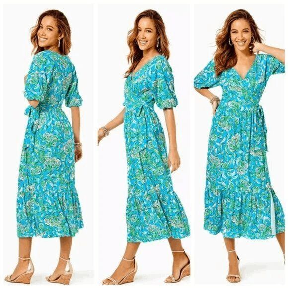 💙 LILLY PULITZER Brantley V-Neck Midi Wrap Dress SIZE M NEW WITH TAGS - Picture 8 of 15